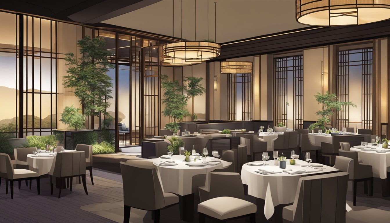 The elegant dining room at Paragon Japanese Restaurant exudes sophistication with its sleek decor, ambient lighting, and meticulously set tables