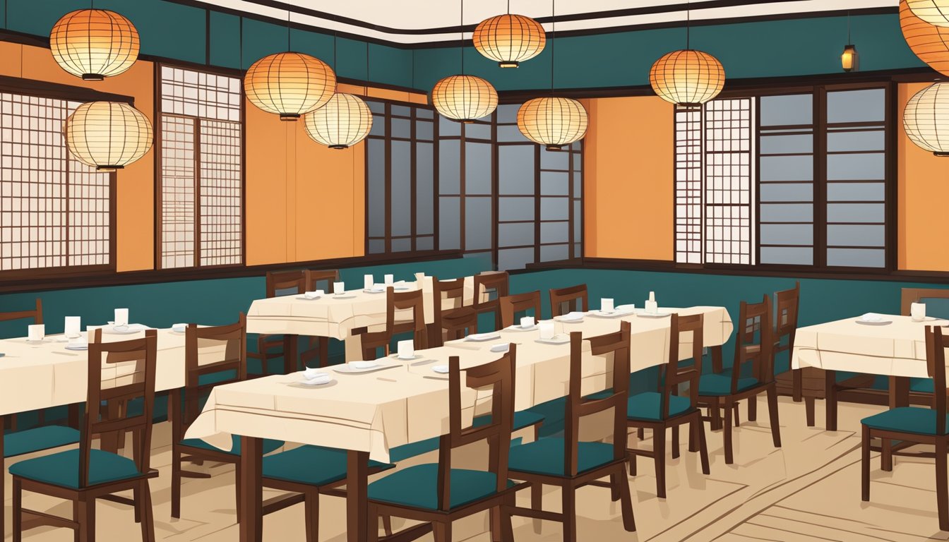 A traditional Japanese restaurant with minimalist decor, paper lanterns, and a sushi bar