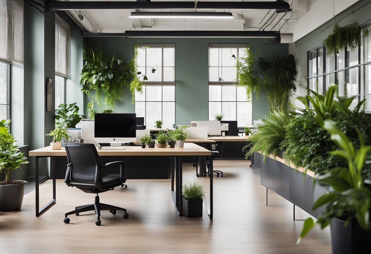 A cozy, modern office space with open workstations, a comfortable lounge area, and a sleek reception desk. Natural light streams in through large windows, and green plants add a touch of nature to the space