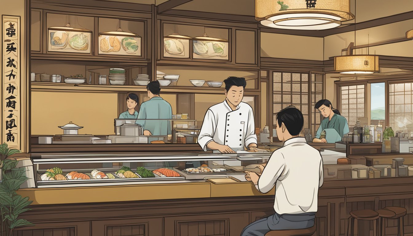Customers dining at Paragon Japanese restaurant, with a chef preparing sushi behind the counter. A sign with "Frequently Asked Questions" displayed prominently