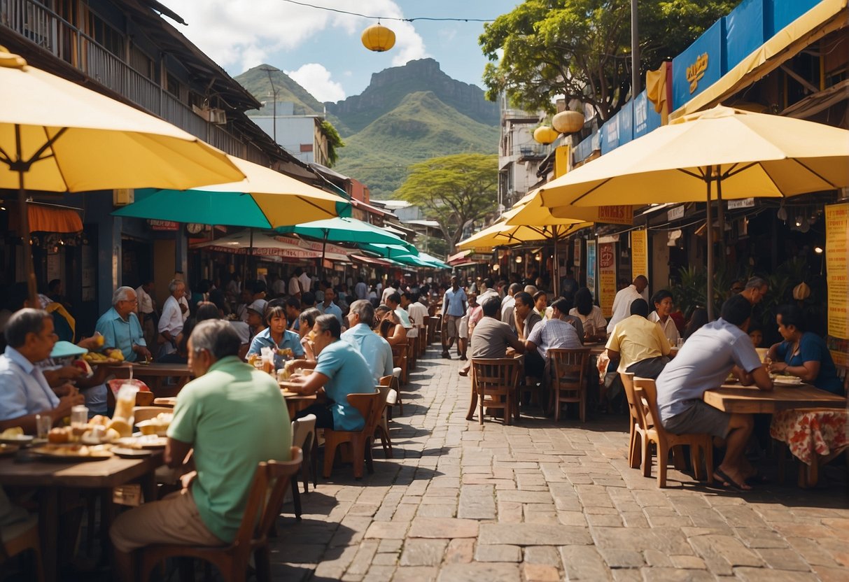 People enjoying outdoor dining, surrounded by colorful market stalls and bustling shops in Port Louis, Mauritius