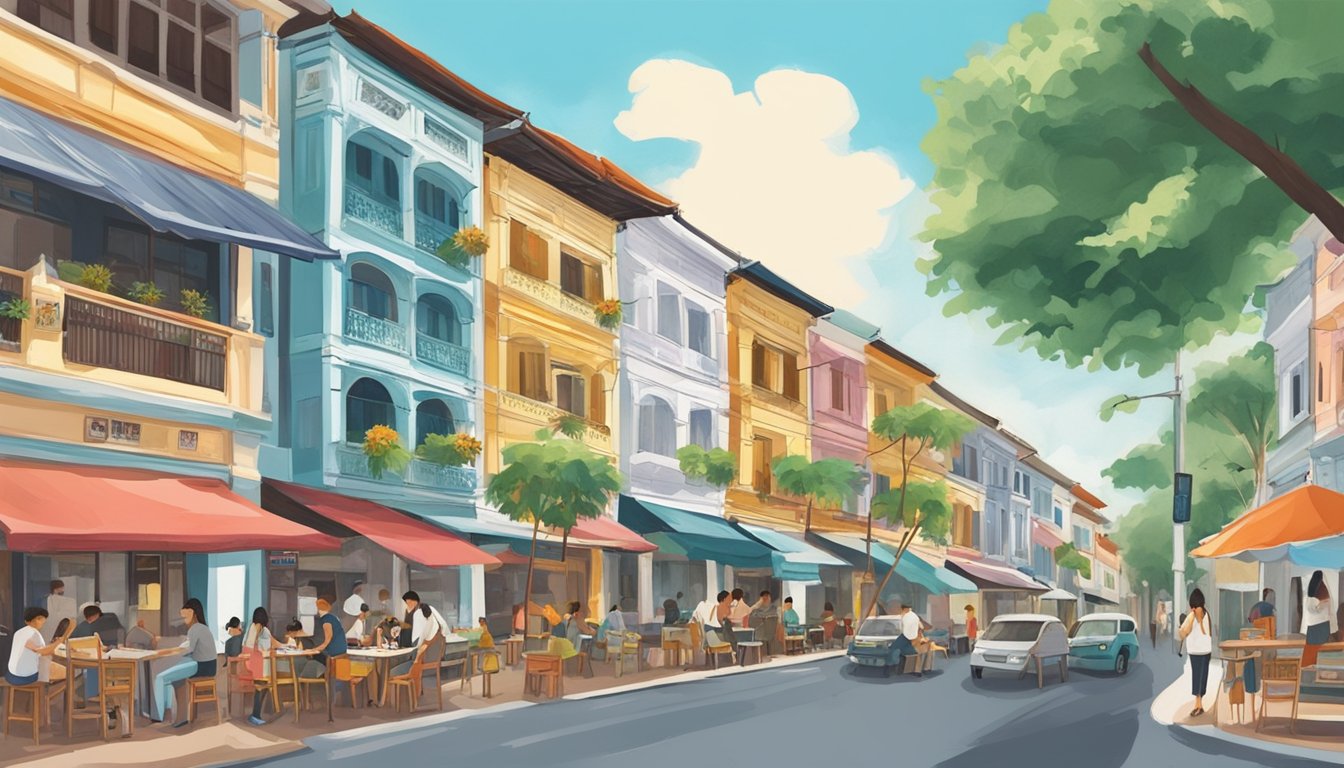 Colorful shophouses line the bustling streets of Katong, with inviting signs advertising the best local restaurants. Aromatic scents waft through the air, as diners enjoy a variety of cuisines in charming outdoor settings