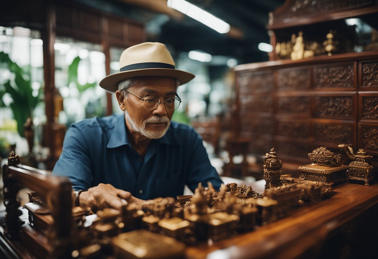A treasure hunter uncovers rare rosewood furniture in a Singapore second-hand shop, admiring the intricate carvings and rich, deep color