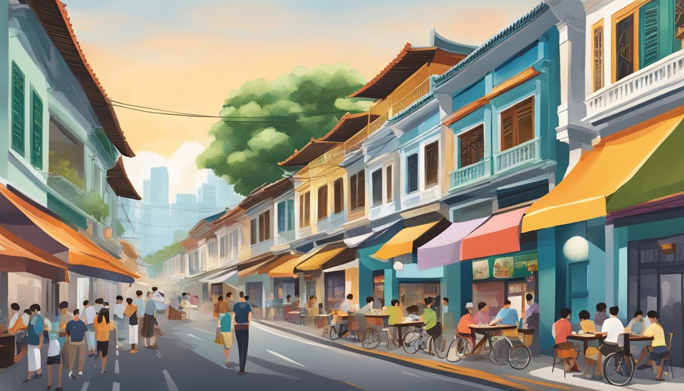 A bustling street lined with colorful shophouses, filled with the aroma of sizzling woks and the sound of clinking plates from the best restaurants in Katong