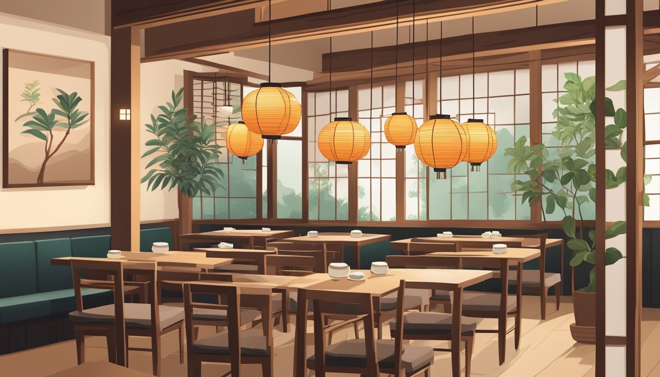 A cozy vegetarian Japanese restaurant with wooden decor, paper lanterns, and a sushi bar. Tables are set with minimalist tableware and potted plants adorn the space