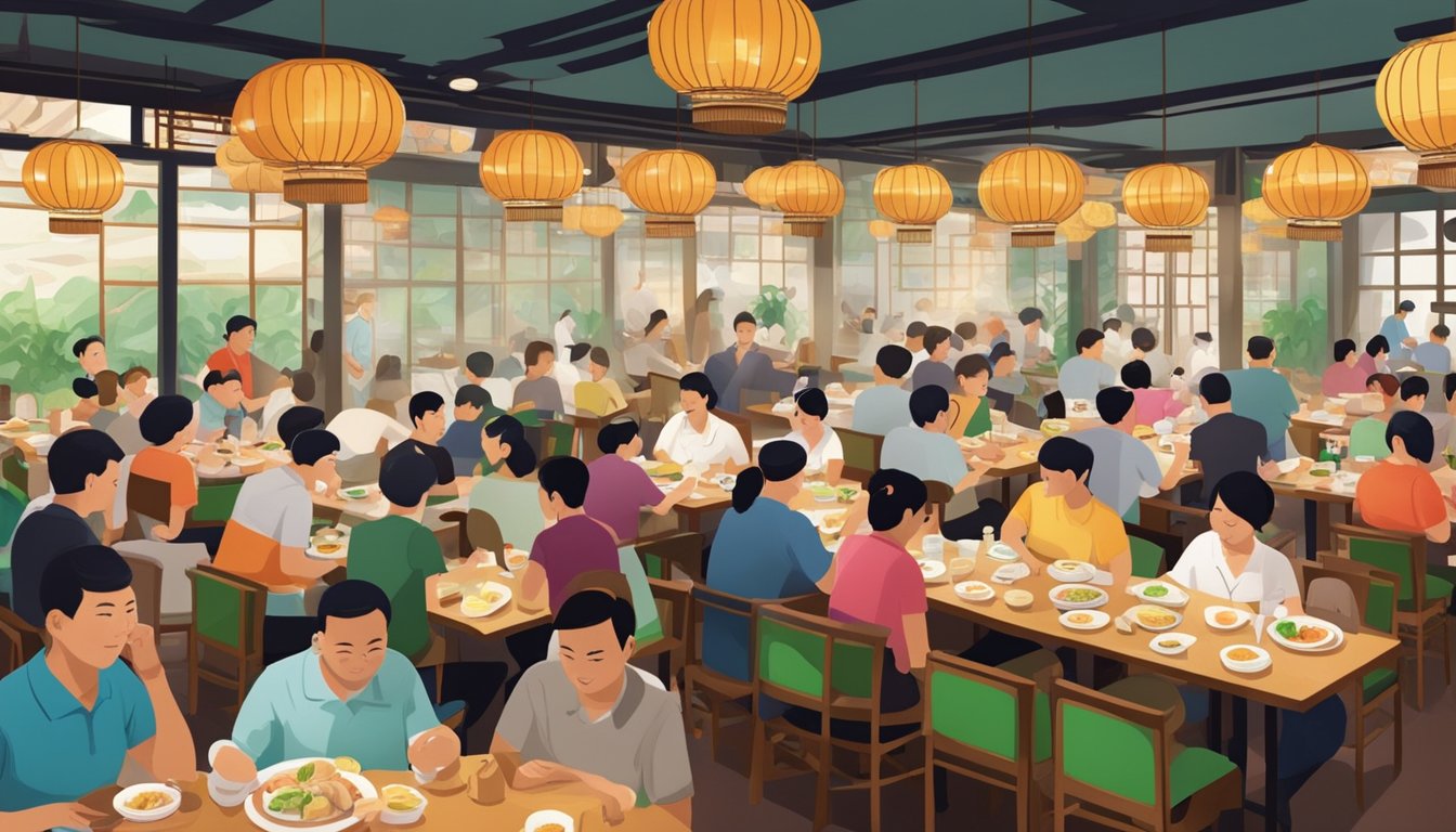 Busy tim sum restaurant in Singapore with steaming bamboo baskets, bustling waitstaff, and colorful plates of dim sum on crowded tables