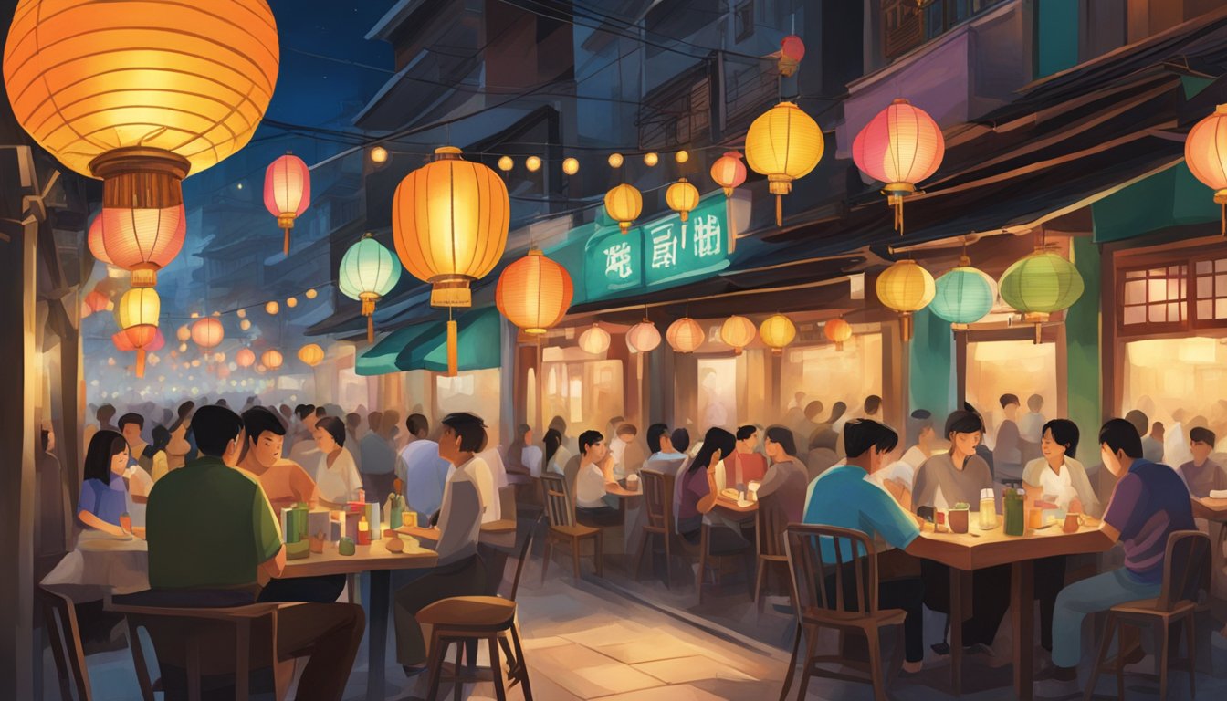 Colorful lanterns hang above bustling Boon Tat Street restaurants. Steam rises from sizzling woks as diners enjoy al fresco dining under the evening sky