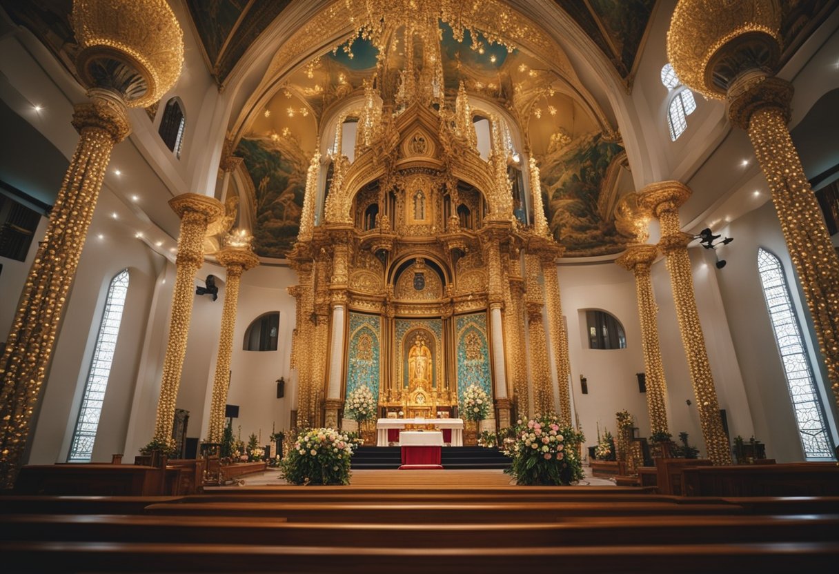 A grand altar in a Singaporean church, adorned with intricate furniture and elegant decorations