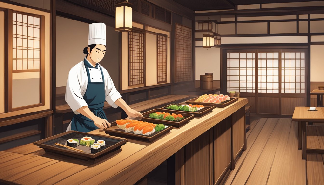A traditional Japanese teishoku restaurant with wooden tables, paper lanterns, and sliding doors. A chef prepares sizzling tempura and sushi behind a wooden counter