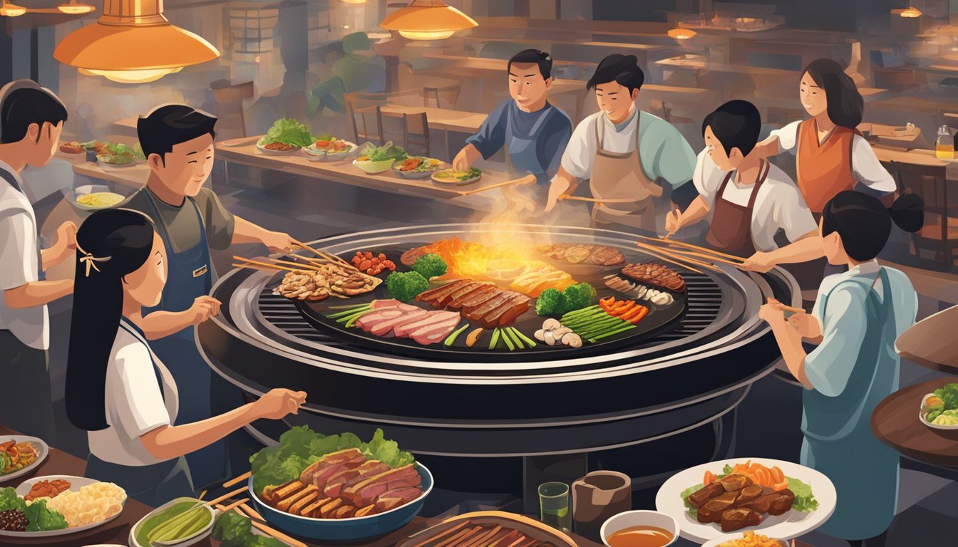 A sizzling teppanyaki grill with various meats and vegetables being cooked, surrounded by diners enjoying the lively atmosphere of a Singaporean teppanyaki restaurant