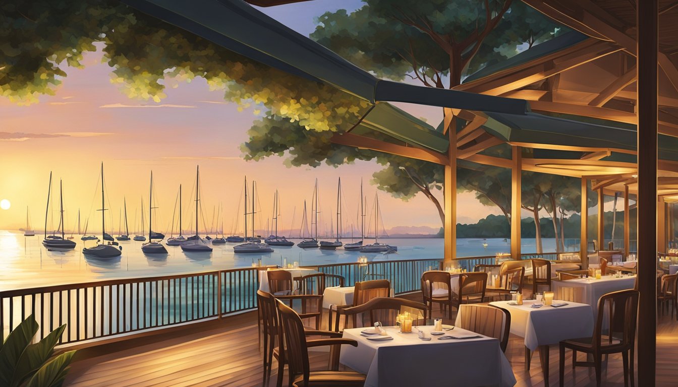 The sun sets over the tranquil waters of Changi Sailing Club, casting a warm glow on the outdoor restaurant. Sailboats bob gently in the harbor, while diners enjoy their meals with a view of the serene sea