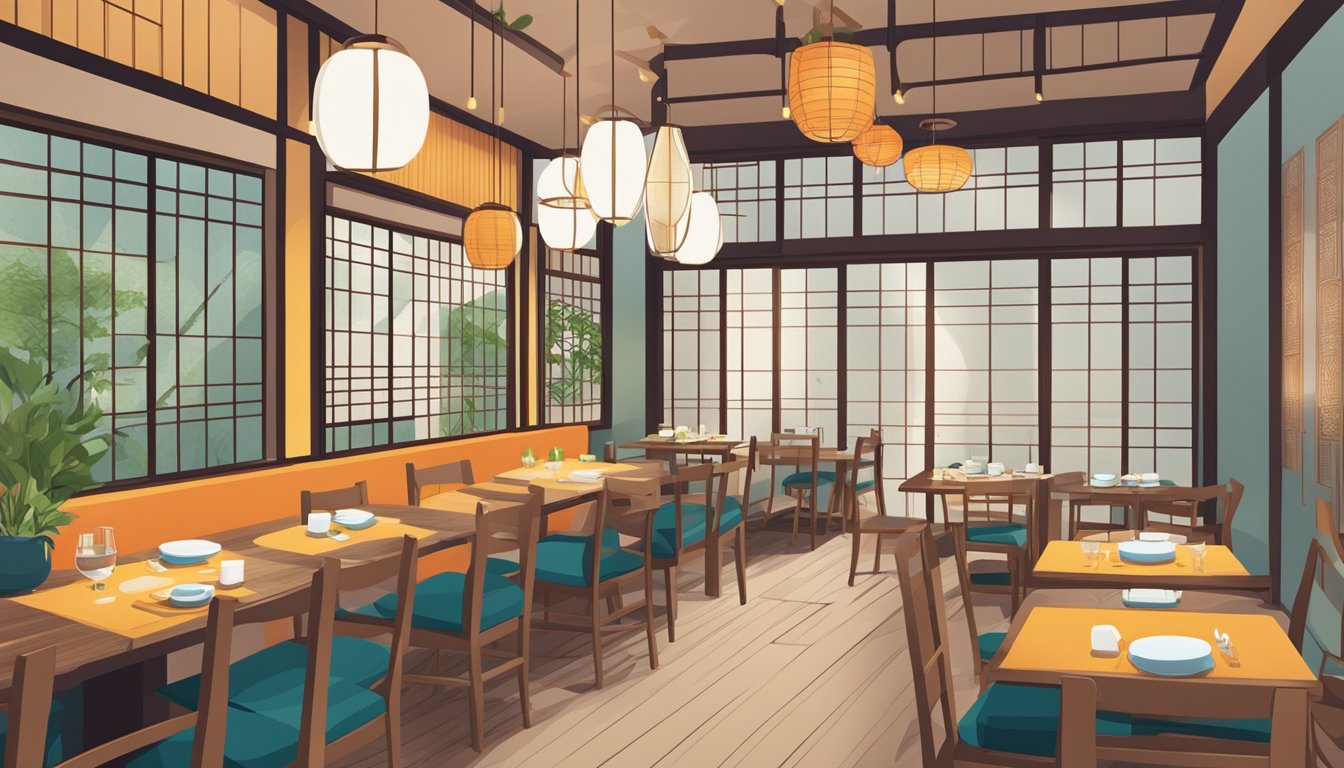 A serene Japanese restaurant with minimalist decor, showcasing a variety of colorful and intricately prepared vegetarian dishes