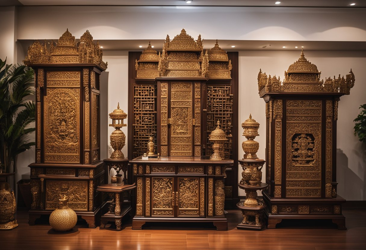 A display of various altar furniture in a Singapore showroom. Different styles and materials are showcased, including intricate carvings and ornate designs