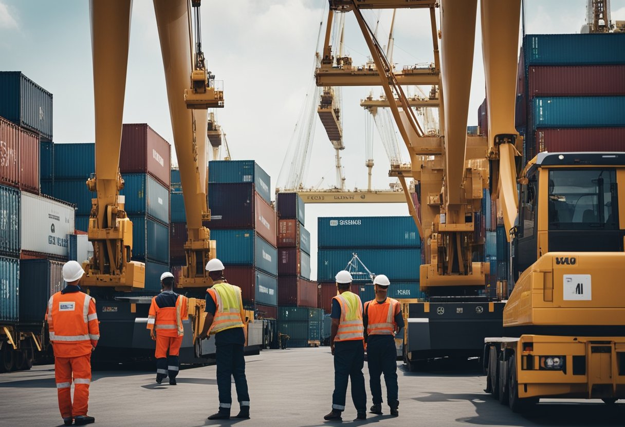 Furniture being loaded onto a cargo ship bound for Singapore. Cranes and workers busy at the port