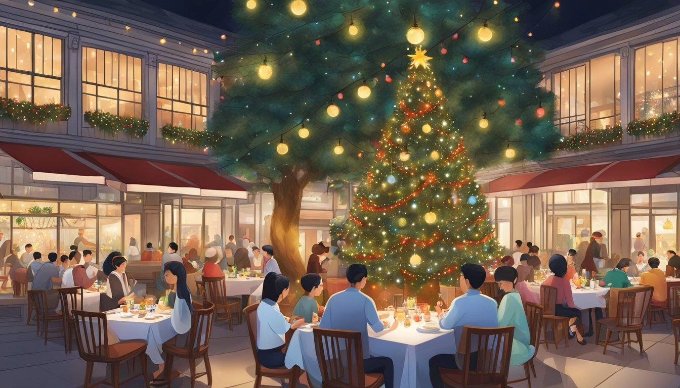 A festive restaurant in Singapore decorated with Christmas lights, ornaments, and a towering tree. Tables are set with holiday-themed centerpieces and diners enjoy traditional seasonal dishes