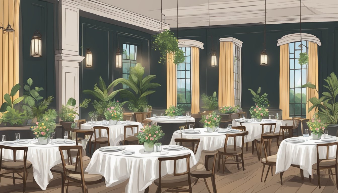 Tables set with white linens, surrounded by elegant chairs. Soft lighting and potted plants create a cozy atmosphere. Menu displayed on a chalkboard