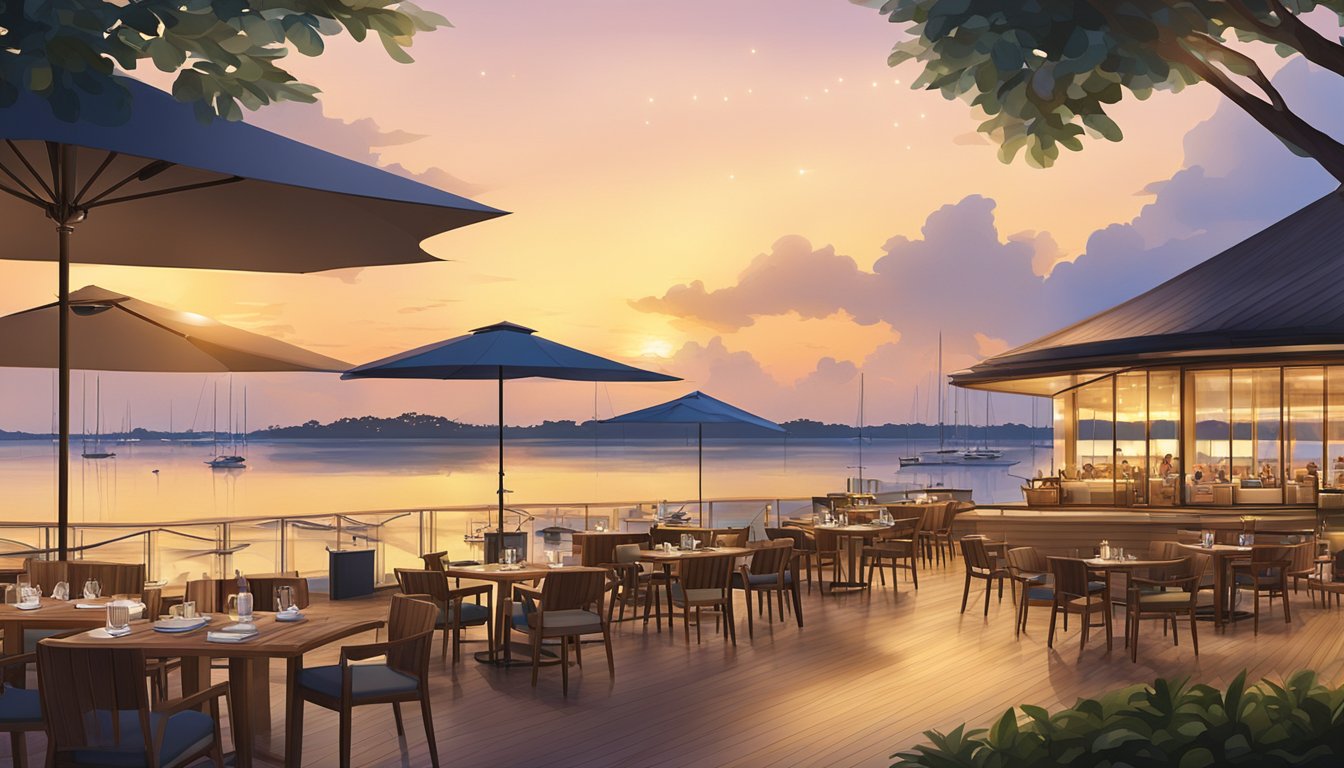 The sun sets over the tranquil waters of Changi Sailing Club, casting a warm glow on the Seafix Restaurant. The outdoor seating area is filled with diners enjoying the sea breeze and stunning views