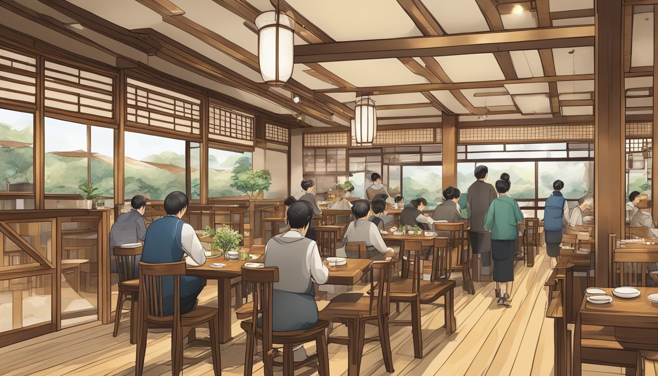 A bustling Japanese teishoku restaurant with traditional decor and a welcoming atmosphere. Customers enjoy their meals at wooden tables while servers move efficiently through the space