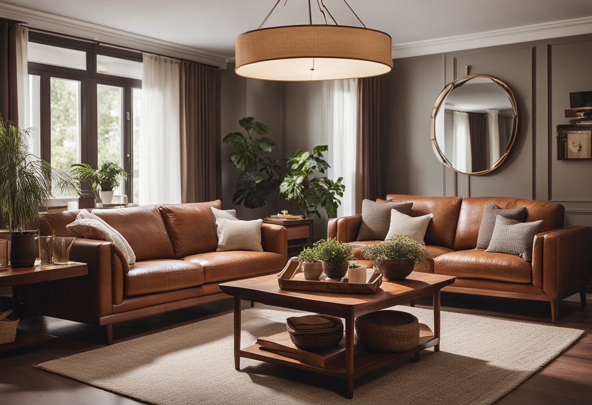 A cozy living room with a warm, inviting atmosphere. A beautiful second-hand rosewood furniture set is the focal point, adding a touch of elegance and history to the space