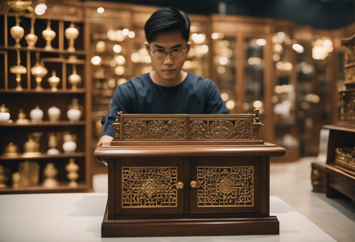 A person selects and customizes altar furniture in a Singapore store