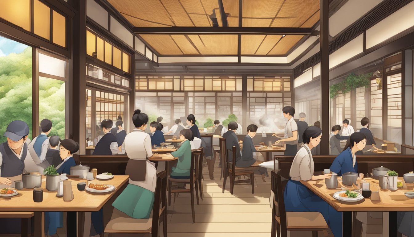 A bustling Japanese teishoku restaurant with customers enjoying their meals, waitstaff moving swiftly between tables, and the aroma of sizzling dishes filling the air