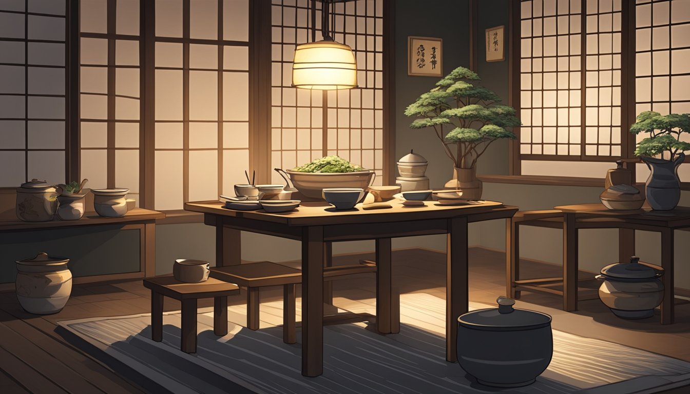 A dimly lit room with a single spotlight shining on a table set with traditional Japanese dishes and utensils