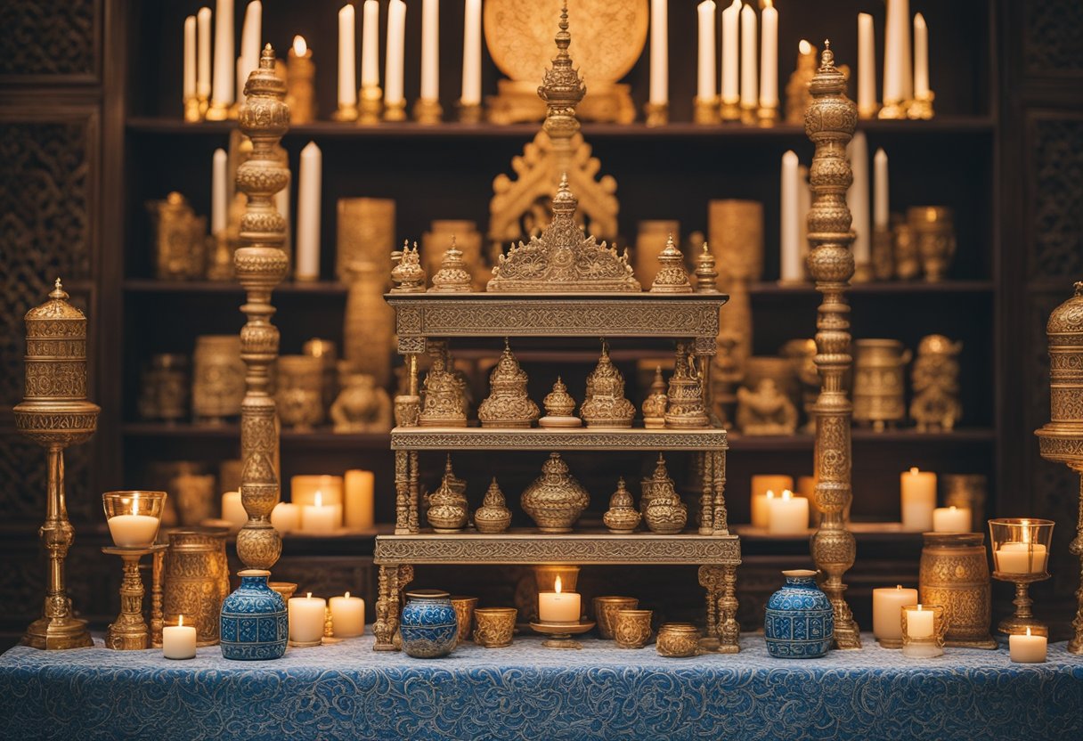 The altar furniture in Singapore is neatly arranged with a variety of items, including candles, incense, and religious artifacts. The backdrop is adorned with intricate designs and patterns, creating a serene and sacred atmosphere