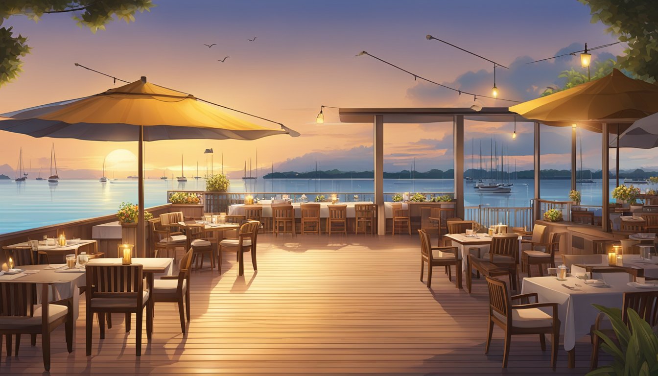 The sun sets behind the Changi Sailing Club restaurant, casting a warm glow over the outdoor seating area and the calm waters of the marina