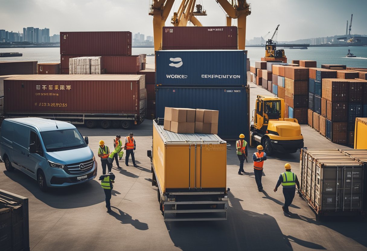 A delivery truck unloading furniture at a port, workers loading items onto a cargo ship bound for Singapore