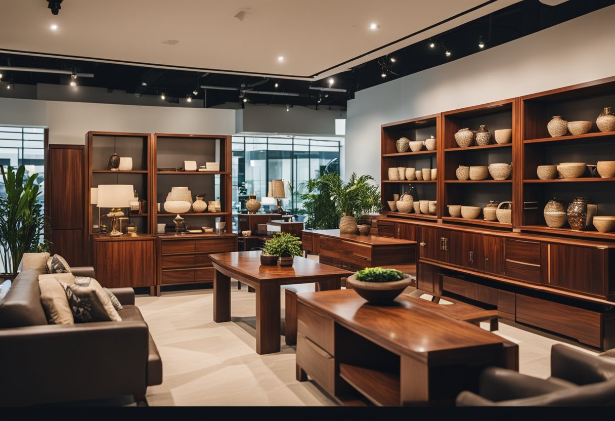 A showroom with rows of second-hand rosewood furniture in Singapore. Customers browsing, staff assisting