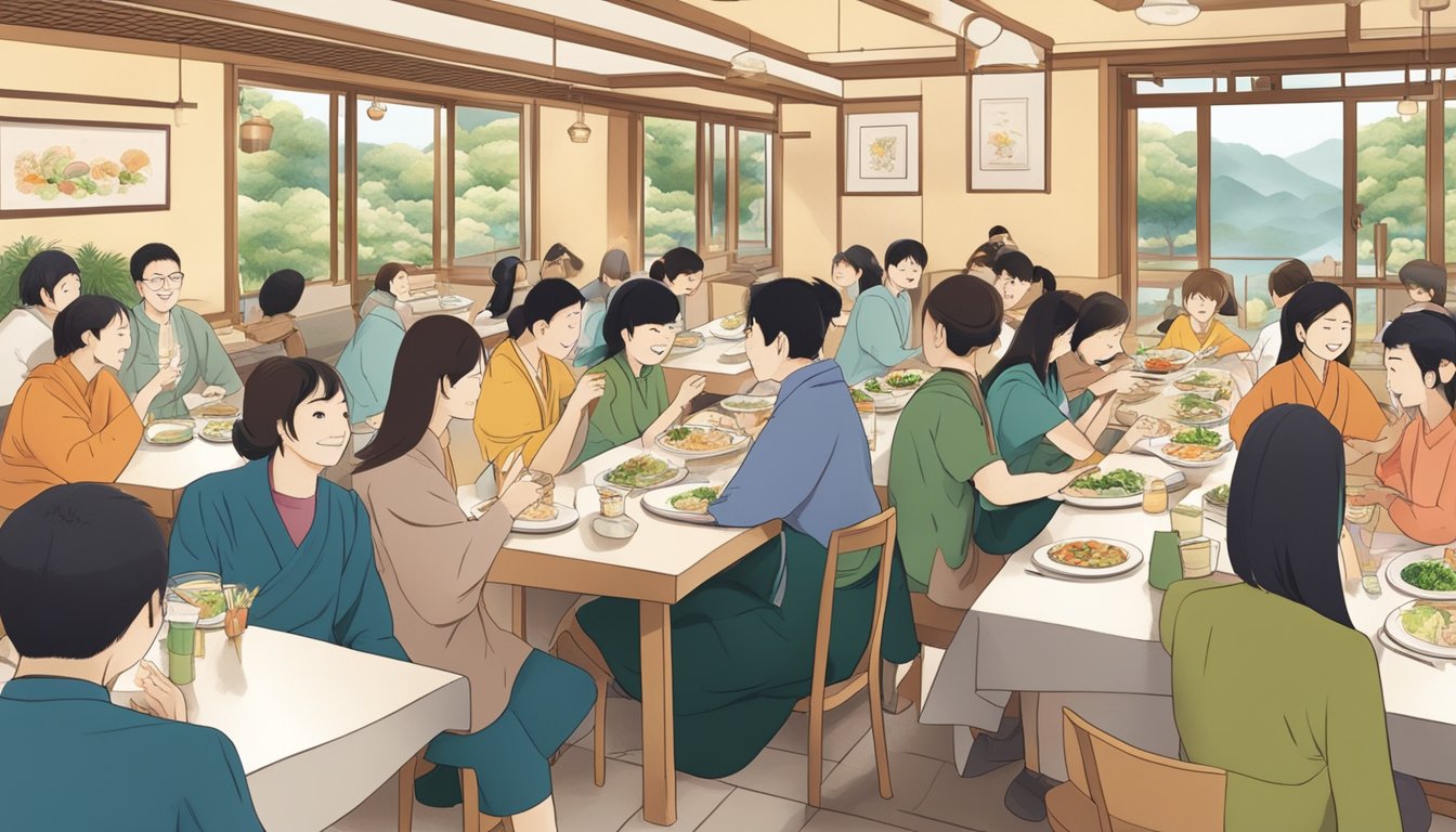 Customers enjoy vegetarian Japanese dishes at a bustling restaurant, while staff answer frequently asked questions with a smile