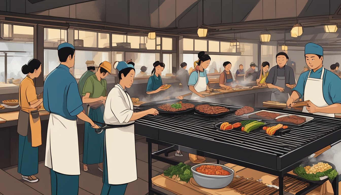 A teppanyaki chef grilling meats and vegetables on a sizzling hot iron griddle, surrounded by diners eagerly watching the theatrical cooking performance