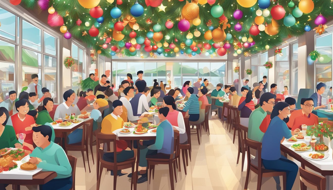 A bustling Christmas restaurant in Singapore, filled with colorful decorations and mouthwatering dishes being served to happy patrons