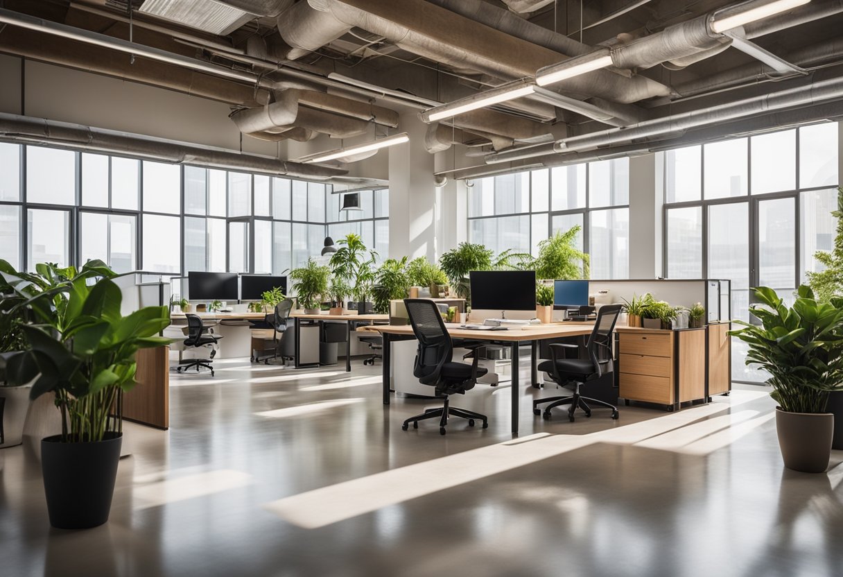 The office space features natural lighting, indoor plants, and eco-friendly materials. The furniture is made from recycled or sustainable materials, and the color scheme is earthy and calming
