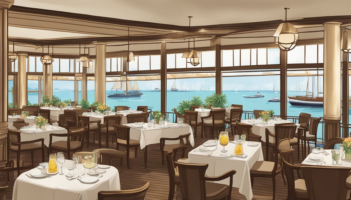 The Changi Sailing Club restaurant bustles with patrons enjoying waterfront views and savoring delectable dishes. Tables are adorned with nautical-themed decor, and the ambiance is lively with the sound of clinking glasses and cheerful conversations