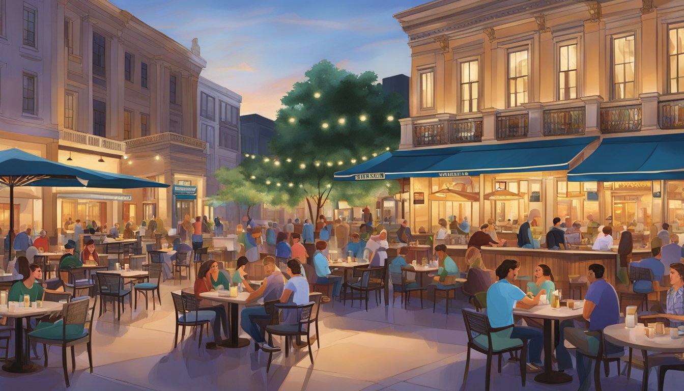 The bustling Capitol Piazza restaurants feature outdoor seating and colorful signage. A mix of diners enjoy a variety of cuisines under the evening sky