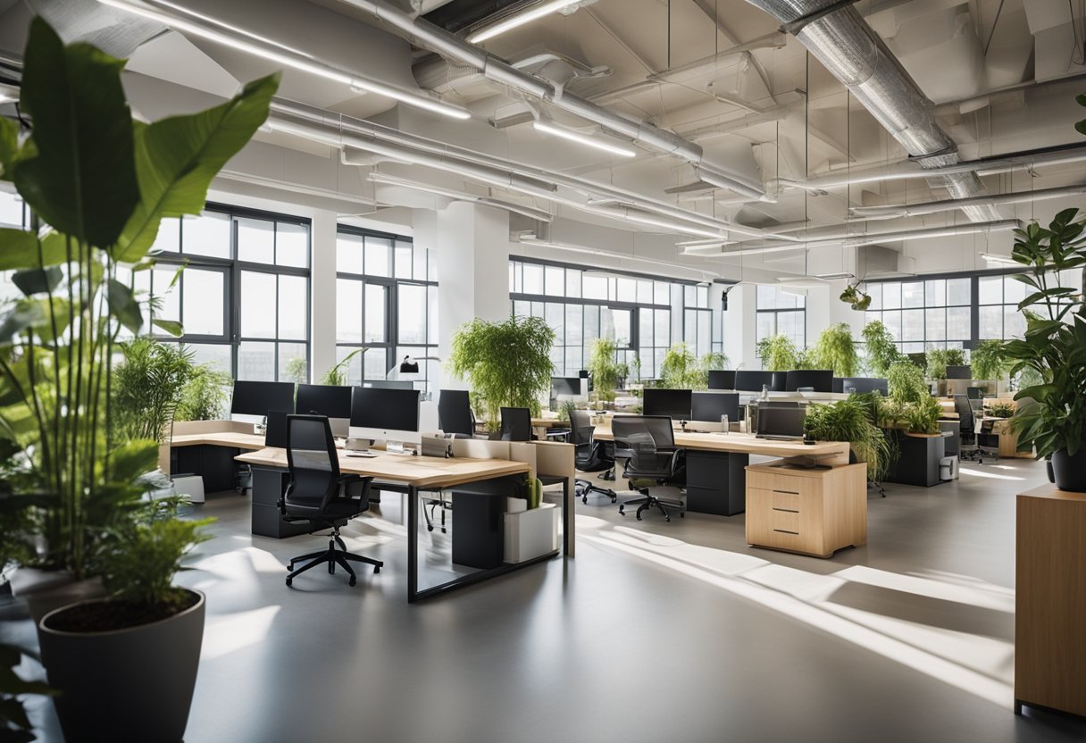 A modern office space with eco-friendly materials, natural lighting, and indoor plants. Recycled furniture and energy-efficient fixtures complete the sustainable design