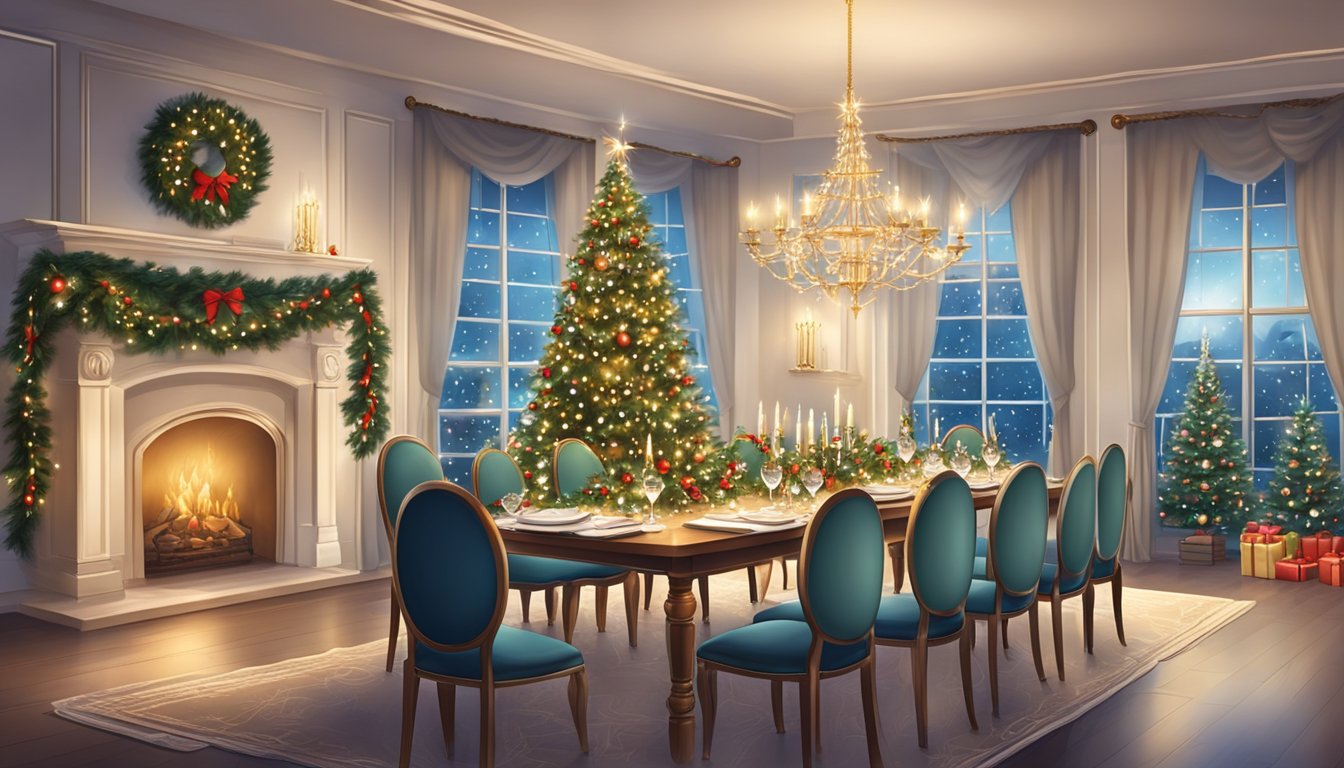 A festive dining room adorned with twinkling lights and a grand Christmas tree, tables set with elegant place settings and holiday decorations