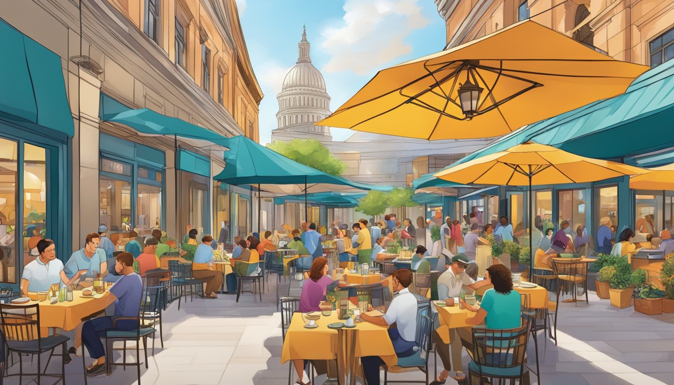 Vibrant outdoor dining scene at Capitol Piazza. Colorful dishes and drinks on tables, surrounded by bustling restaurant activity