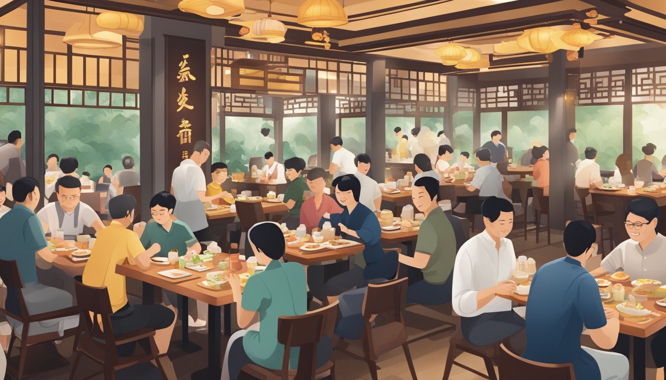 Customers enjoying dim sum at a bustling restaurant in Singapore, with waiters carrying steaming dishes and diners chatting happily