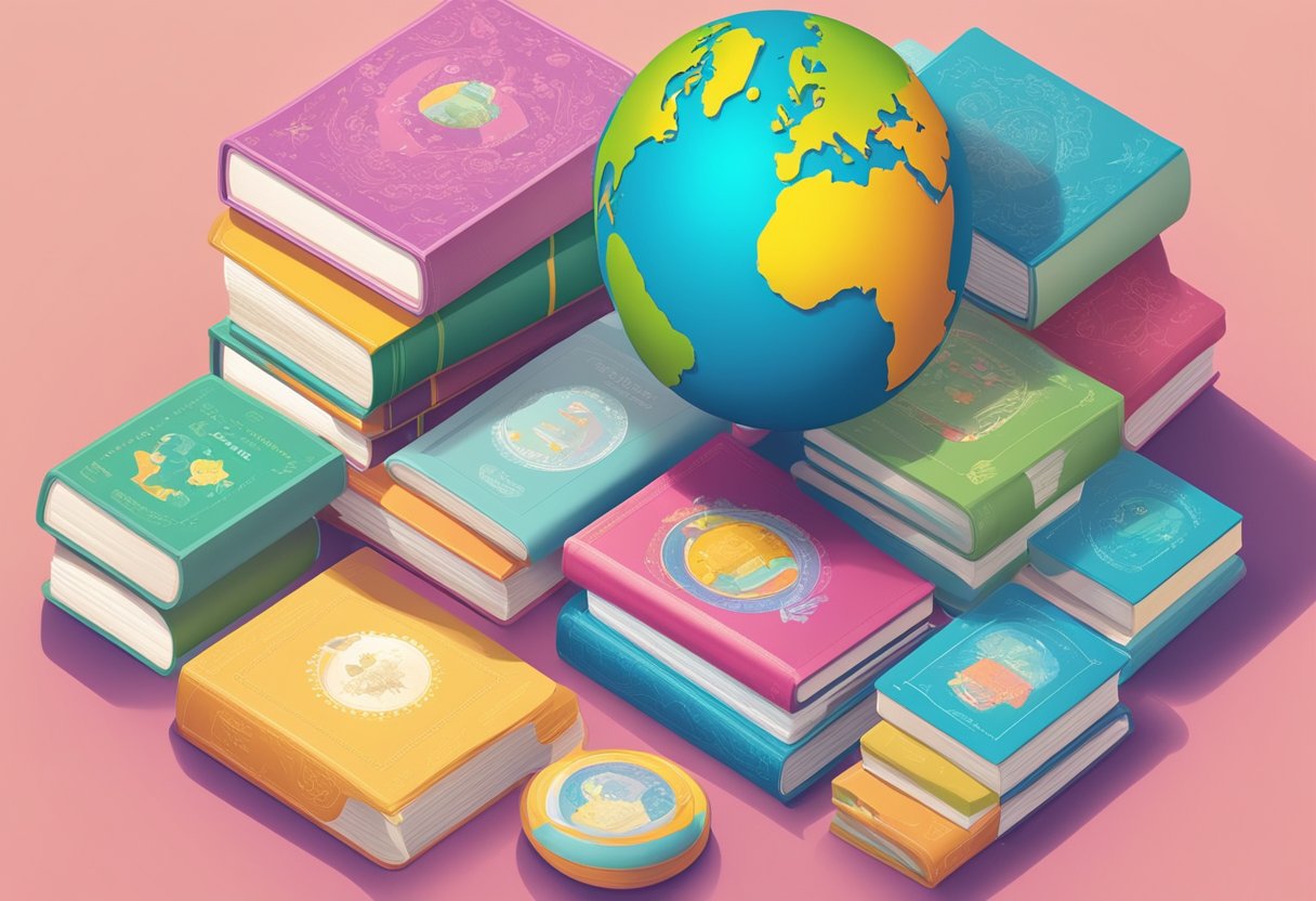 A stack of baby name books surrounded by colorful illustrations and a globe, representing diverse name options