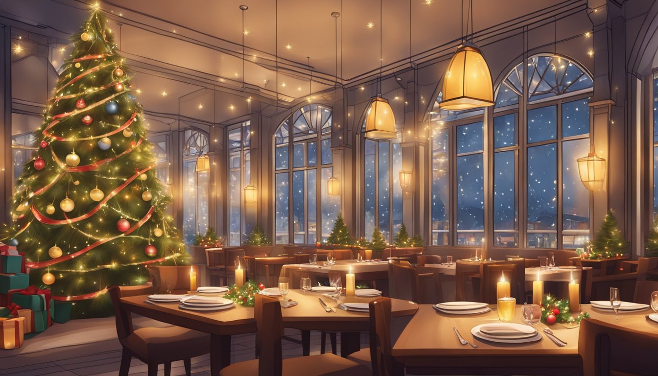 A cozy Christmas-themed restaurant in Singapore with festive decorations, twinkling lights, and a warm ambiance