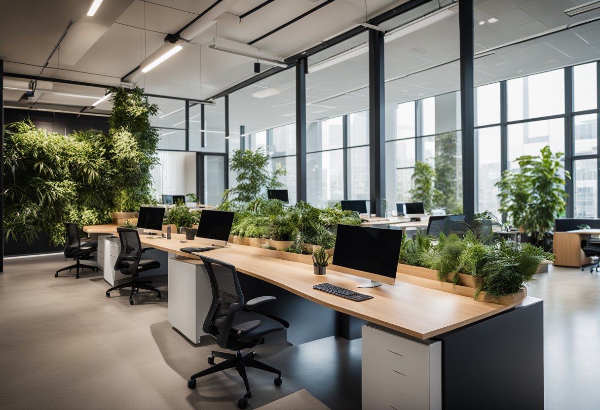 A modern, open-plan office with natural light, biophilic elements, ergonomic furniture, and collaborative spaces