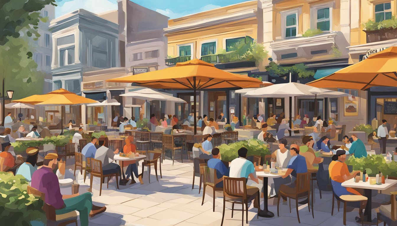 The bustling Capitol Piazza restaurants showcase diverse cuisines, with outdoor seating and vibrant signage. The surrounding area is filled with tourists and locals enjoying the lively atmosphere