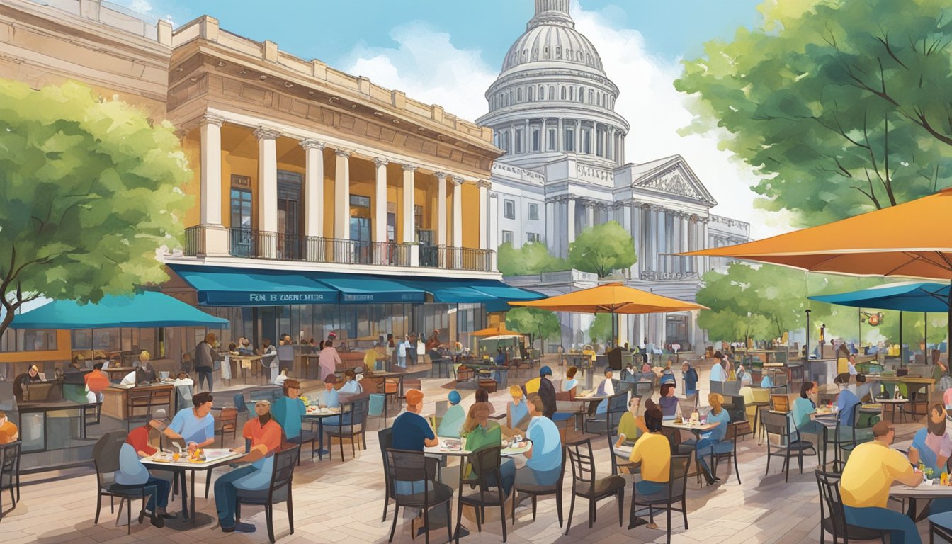 A bustling capitol piazza with various restaurants, people dining, and servers attending to tables. Outdoor seating and colorful signage add to the lively atmosphere