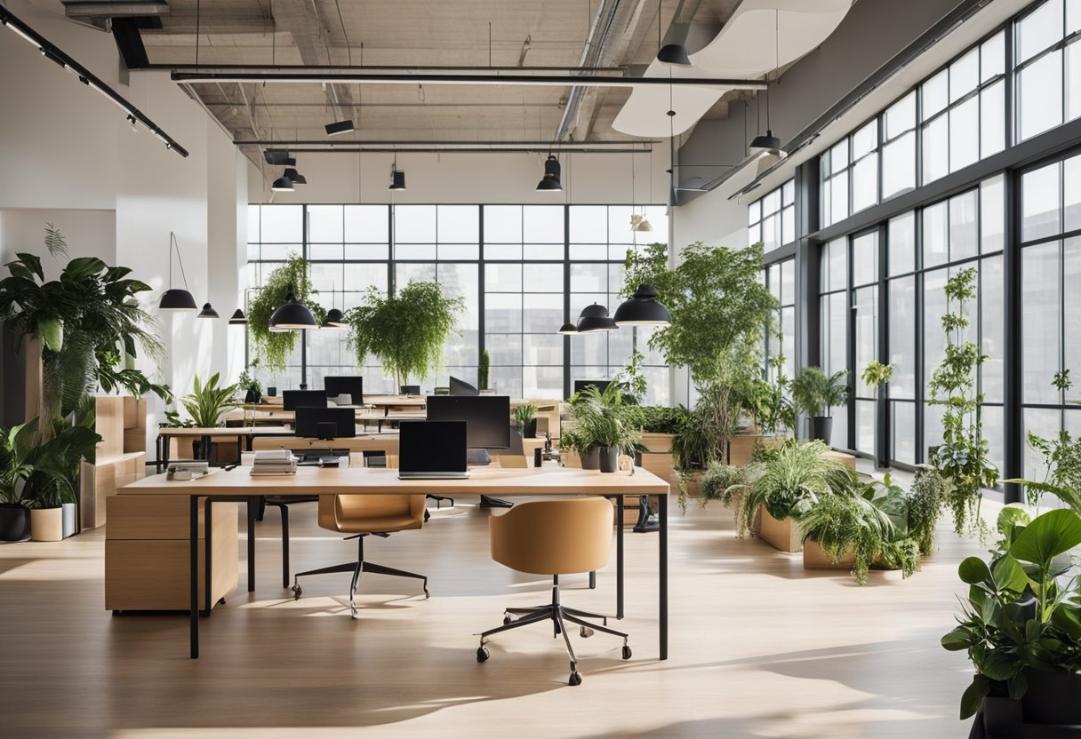 An open, airy office space with eco-friendly materials, natural lighting, and indoor plants. Sustainable furniture and energy-efficient fixtures are incorporated throughout the design