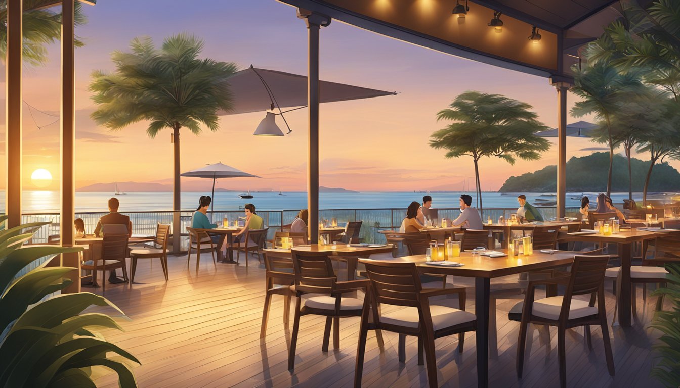 The sun sets over Changi Beach Club restaurant, casting a warm glow on the outdoor seating area as diners enjoy their meals with a view of the ocean