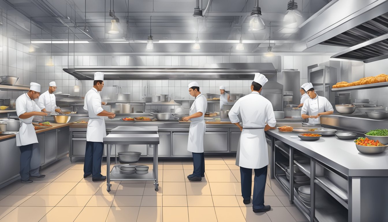A bustling central kitchen with chefs preparing and cooking meals, while servers organize orders for delivery and pickup