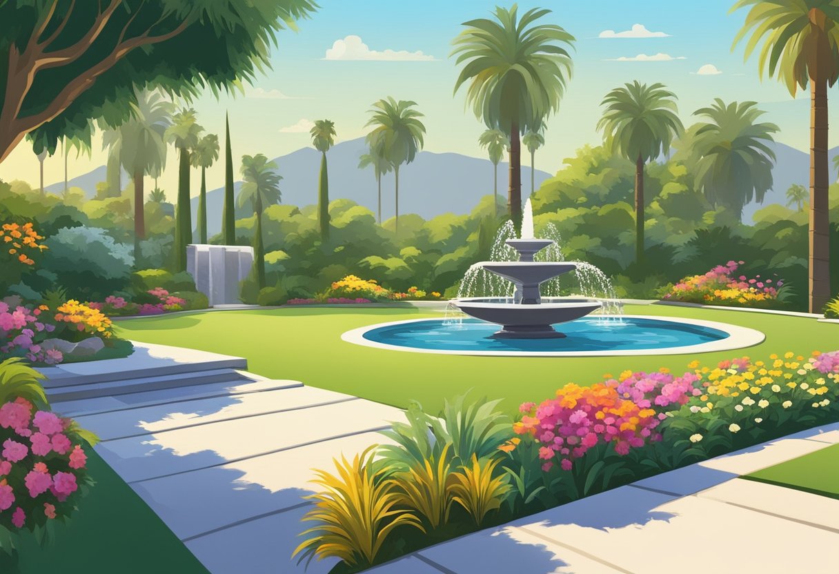 A sunny Los Angeles landscape with palm trees, lush greenery, and colorful flowers. A neatly trimmed lawn and a modern water feature complete the scene