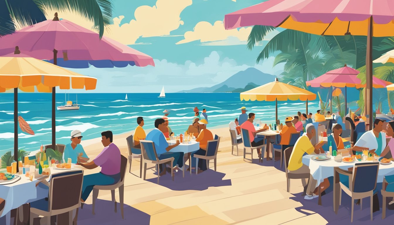 The beachfront restaurant bustles with diners enjoying fresh seafood and tropical cocktails under colorful umbrellas. Waves crash in the background as palm trees sway in the ocean breeze